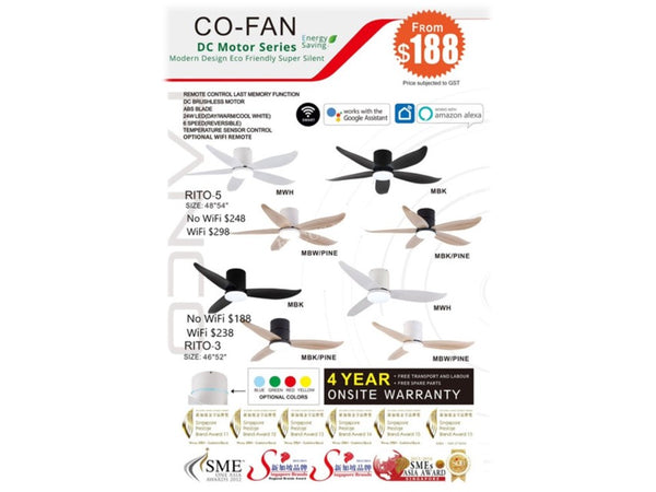 FANCO RITO-5 DC CEILING FAN W/LED LIGHTKIT *GREAT FOR LOW CEILING