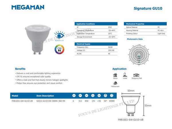 *HIGH CRI+HIGH BRIGHTNESS* MEGAMAN PAR16S1 GU10 LED 6W (3000K WARM)