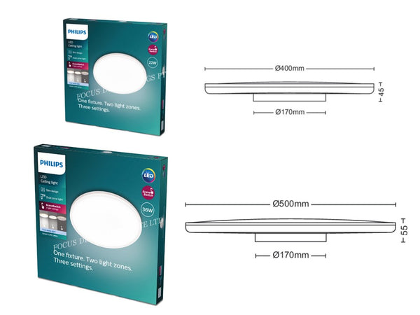 PHILIPS OZZIET CL570 LED CEILING LAMP -22w or 36w (1 Light Fixture. 2 Light Zone. 3 Lights Settings)