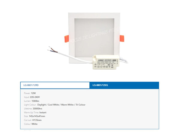 LINIQ 8801 Detachable Recessed Led Downlight 12w -Square