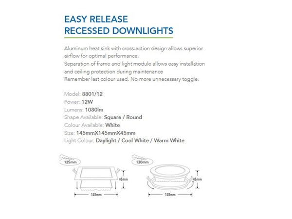 LINIQ 8801 Detachable Recessed Led Downlight 12w -Square