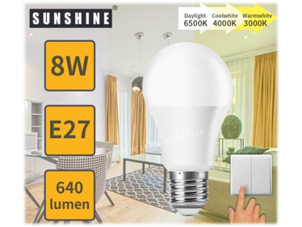 SUNSHINE CLASSIC E27 LED 8W BULB -TRI-COLOURS (WARM-COOL-DAY-IN-ONE)