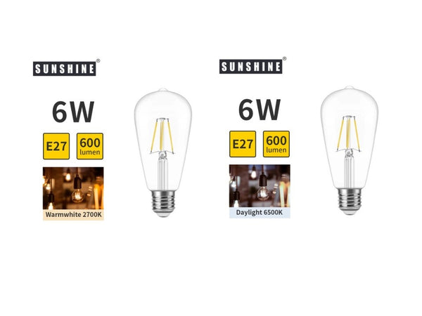 SUNSHINE FILAMENT E27 LED ST64 -6W (WARM OR DAY)