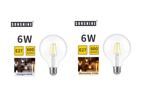 SUNSHINE FILAMENT E27 LED GLOBE -6W (WARM OR DAY)