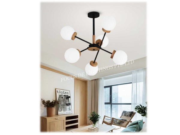 DESIGNER PENDENT LAMP NORDIC WOODEN+BLACK 6L