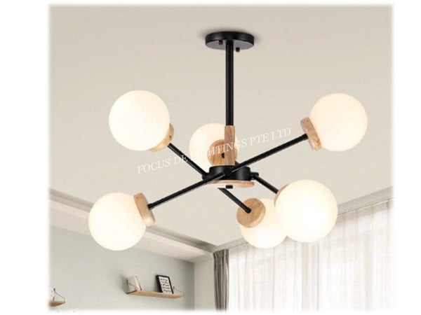 DESIGNER PENDENT LAMP NORDIC WOODEN+BLACK 6L