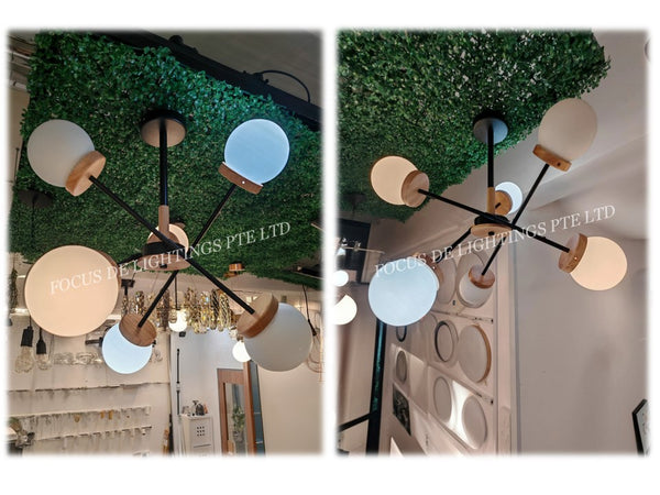 NORDIC WOODEN+BLACK PENDANT LAMP 6L