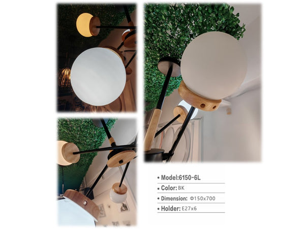 DESIGNER PENDENT LAMP NORDIC WOODEN+BLACK 6L