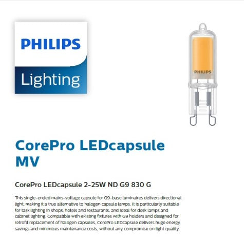 PHILIPS COREPRO 2W/3.5W LED G9 CAPSULE BULB -2700K/3000K