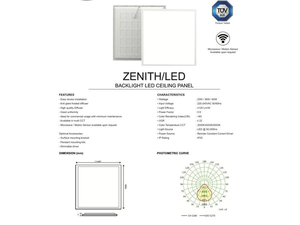 ZENITH COMMERCIAL OFFICE LED PANEL *TUV CERT* (CCT -CHOOSE YOUR OWN COLOUR TEMP)