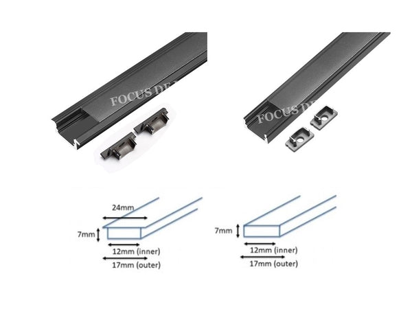 BLACK -RECESSED / SURFACE MOUNTED - ALUMINIUM PROFILE FOR LED STRIP FIXTURE (DEPTH 7MM)