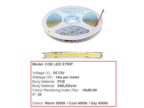 COB LED STRIP BY PER METER -528-12V (WARM / COOL /DAY) *NO DOT-DOT-DOT!