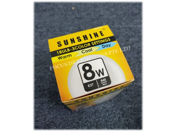 SUNSHINE CLASSIC E27 LED 8W BULB -TRI-COLOURS (WARM-COOL-DAY-IN-ONE)