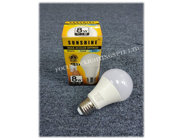 SUNSHINE CLASSIC E27 LED 8W BULB -TRI-COLOURS (WARM-COOL-DAY-IN-ONE)