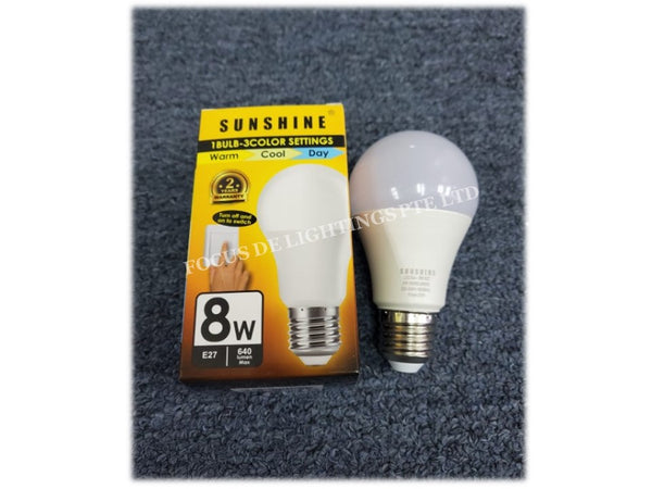 SUNSHINE CLASSIC E27 LED 8W BULB -TRI-COLOURS (WARM-COOL-DAY-IN-ONE)