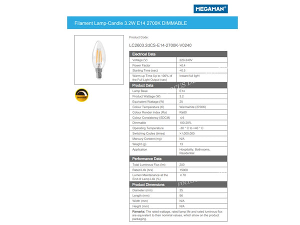 MEGAMAN LC2603.2DCS  FILAMENT CANDLE E14 3.2W (DIM)