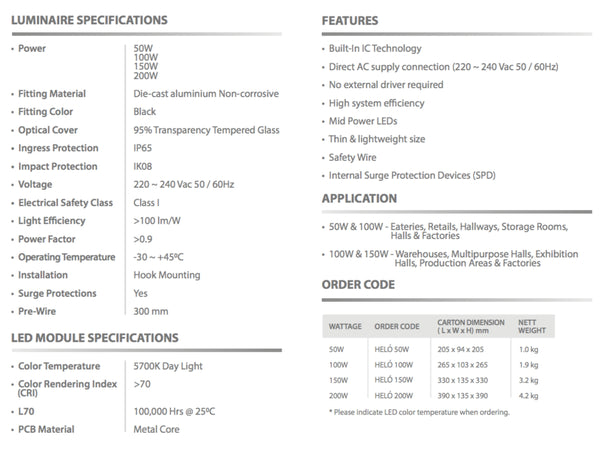 HIGHBAY LED LIGHTS DRACO HELO SERIES (50W / 100W / 150W / 200W)