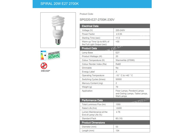 MEGAMAN SP0220 E27 ES 20W SPIRAL (WARMWHITE)