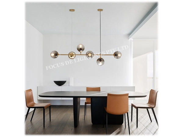 GLOBE BALL PENDENT LAMP PL 180016 1066 6L -GOLD + SMOKE BLACK GLASS