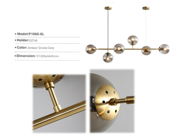 GLOBE BALL PENDENT LAMP PL 180016 1066 6L -GOLD + SMOKE BLACK GLASS