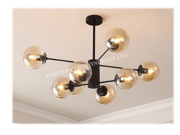 NORDIC GLOBE PENDANT LAMP 19555 -6L OR 8L (AMBER GLASS/CLEAR GLASS)