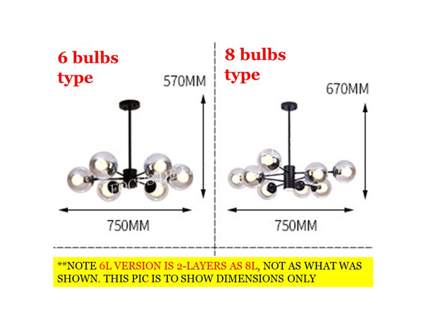 NORDIC GLOBE PENDANT LAMP 19555 -6L OR 8L (AMBER GLASS/CLEAR GLASS)